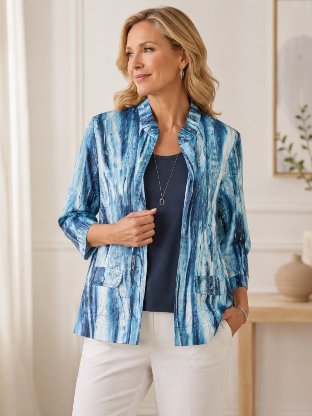 Chico's Womens Jacket 1 US M Blue Abstract Metallic Coastal Chic Resort Artsy